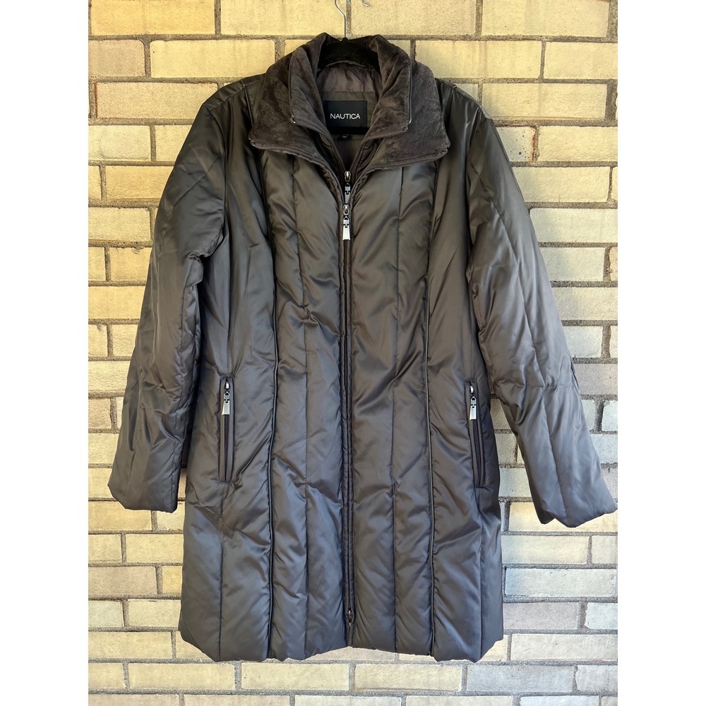 Nautica Gray Quilted Down Feather Fill Long Puffer Coat Faux Fur Collar Sz Large